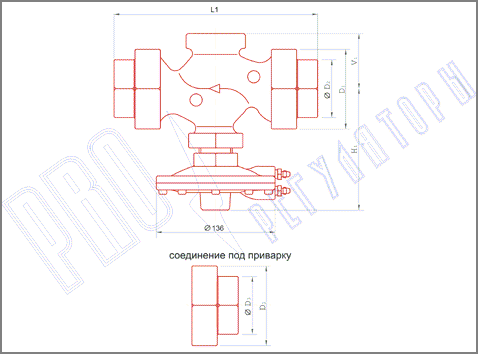Габаритный чертеж
регулятора давления RD122 D с ограничителем расхода и фиксированным диапазоном давления